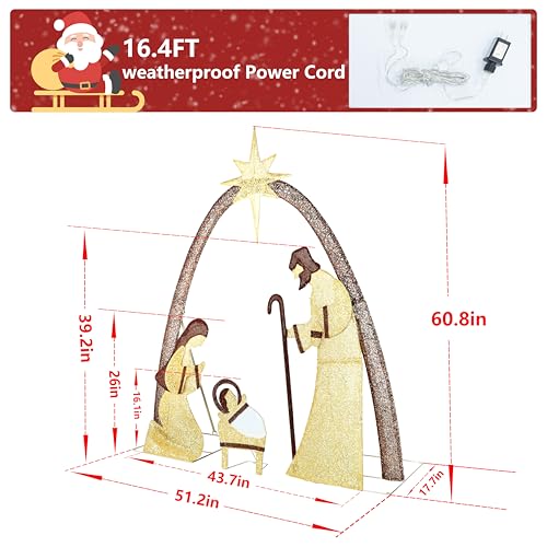 Yardenaler 5FT Lighted Nativity Scene Set with 170 LED Lights for Christmas Decoration, Pre-Lit Iridescent Nativity Scene Xmas Decor, 3D Glittered Standing Holiday Display for Outdoor, Indoor, Golden - color: Golden