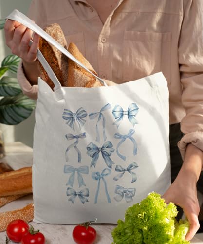 Coquette Bow Bible Canvas Tote Bag for Women Teens Teen Girls, Pink Bow Girls Tote Bag, Coquette Gifts - color: Blue Bow