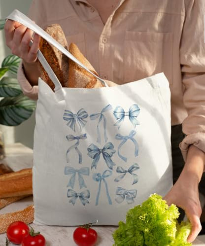 Coquette Bow Bible Canvas Tote Bag for Women Teens Teen Girls, Pink Bow Girls Tote Bag, Coquette Gifts - color: Blue Bow