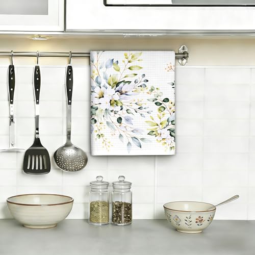 Watercolor Flowers Botanic Leaves Kitchen Dish Towels,Farmhouse Hand Towels 16x24 Inch Decorative Absorbent Dish Cloth for Cooking Baking Cleaning Bathroom Decor Set of 2 - color: Watercolor Flowers Botanic Leaves