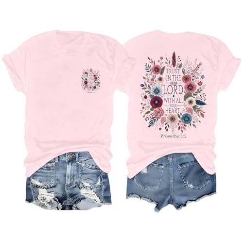 Christian Shirts for Women Trust in The Lord Graphic Tees Boho Floral Shirt Jesus Bible Verse Faith Summer Tshirts - color: Pink, size: X-Large