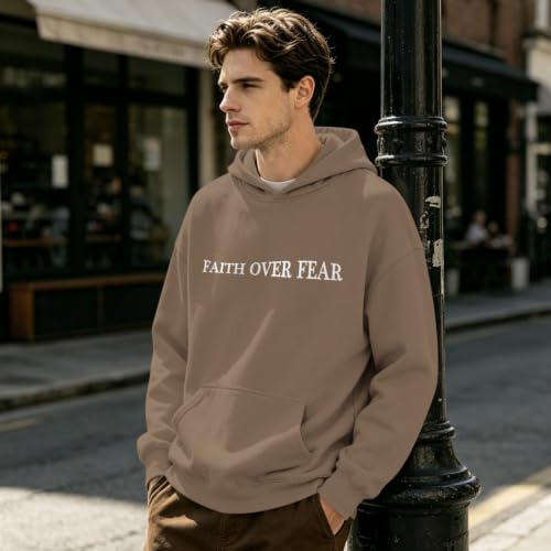Mens Christian Faith Over Fear Hoodie Jesus Religious Graphic Hoodies Inspirational Bible Verse Vintage Sweatshirt - color: Coffee, size: X-Large