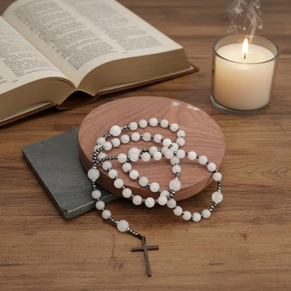 Nazareth Store Jasper Rosary Necklace – Catholic Handmade Rosary with Stone Beads, Hematite Spacers, and Black Alloy Cross – Durable Prayer Beads for Men and Women - color: White Jade