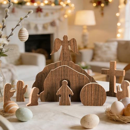 JarThenaAMCS Empty Tomb Easter Table Scene and Cross Decoration Wooden Jesus Nativity Scene He is Risen Centerpiece for Christian Party Home Tabletop Tray Decor, Set of 10 Pcs