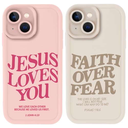 for iPhone 15 Plus 6.7'' 2 Pack Cute Christian Jesus Phone Case - color: Pink & Brown Jesus Faith Slogan, size: iPhone 15 Plus