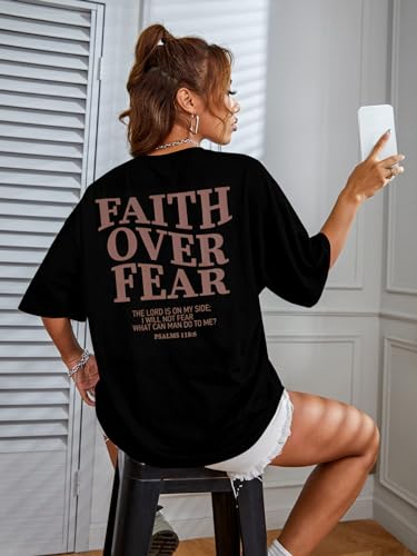 BANGELY Faith Over Fear Shirt Women Graphic Shirts Oversized Workout Gym Christian Religious Tees Drop Shoulder Tee Tops - color: Black, size: Medium