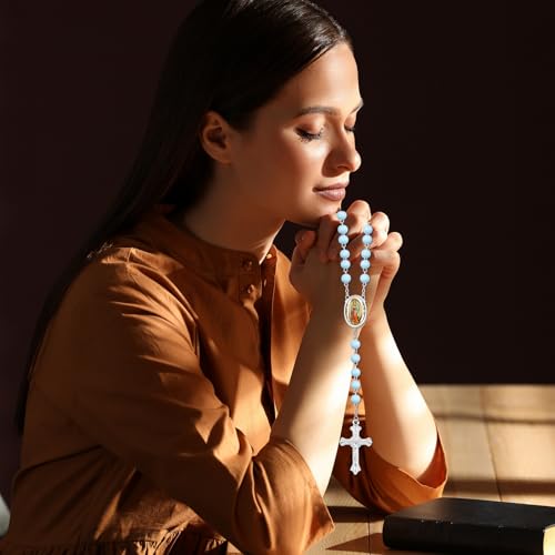Taiyin 36 Pcs Wooden Bead Rosary Necklace with Crucifix and Our Lady of Guadalupe Scented First Communion Rosary with 36 Organza Bags Baptism Favors Catholic Gift for Men Women - color: Light Blue