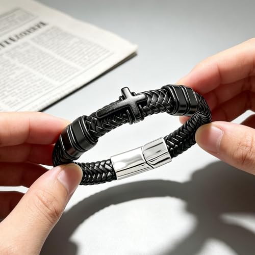 Black Leather Cross Bracelet for Men, Braided, Stainless Steel, 7.9in
