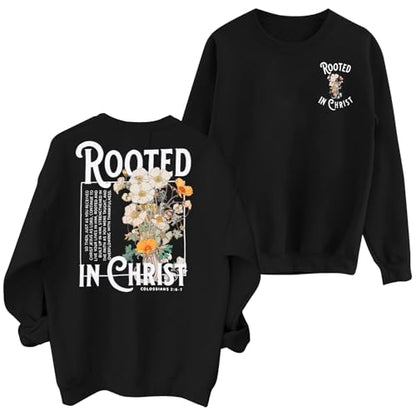 Women Christian Sweatshirt Rooted in Christ Shirts Jesus Boho Faith Clothes - color: Black, size: Large