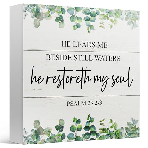 Bible Verse Decor for Home Office Church, Scripture He Leads Me Beside Still Waters He Restoreth My Soul, Religious Wooden Sign 5x5 Inches - color: Orange