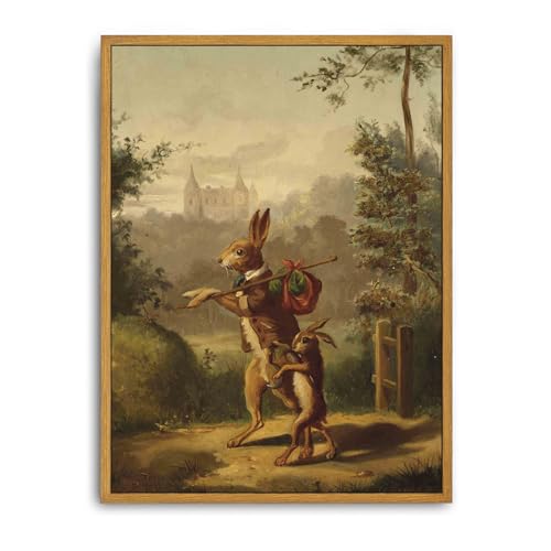 Roslynity Framed Canvas Wall Art Vintage Print Oil Paintings Rabbit Easter Bunnies Hares Rustic Retro Antique Aesthetic Artwork for Home Living Room Bathroom Farmhouse Wall Decor (12"x16") - color: Vintage Rabbit, size: 16"L x 12"W