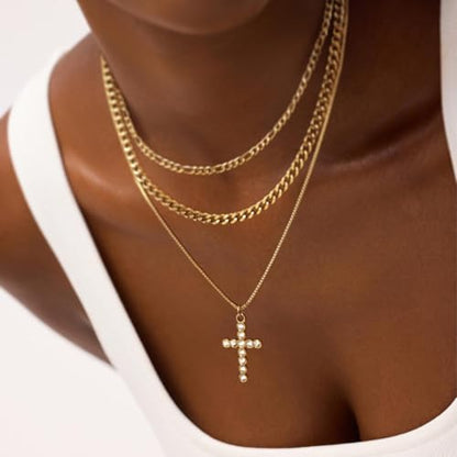 Sterling Silver Cross Necklace for Women Girls Dainty Gold Necklace Stack Non Tarnish Layered Necklaces CZ Cross Pendant Choker Figaro Box Chain Link Layering Stackable Necklaces Trendy Jewelry Gift - color: Gold