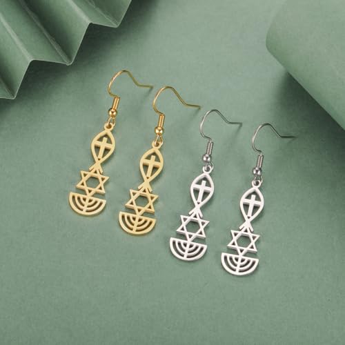 Messianic Seal Dangle Earrings Messianic Seal of Jerusalem Earrings Star of David,Ichthus with Cross,Menorah,Jewish Star Earrings Religious Hanukkah Jewelry Token of Prayer - color: silver