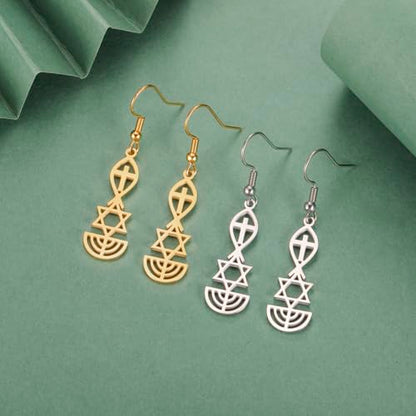 Messianic Seal Dangle Earrings Messianic Seal of Jerusalem Earrings Star of David,Ichthus with Cross,Menorah,Jewish Star Earrings Religious Hanukkah Jewelry Token of Prayer - color: silver