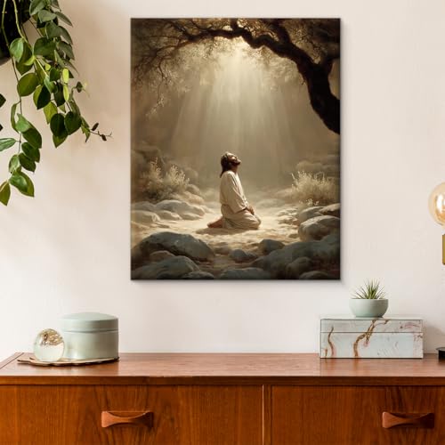 Christian Jesus Praying Wall Art Religious Canvas Print Picture Framed - color: color-F