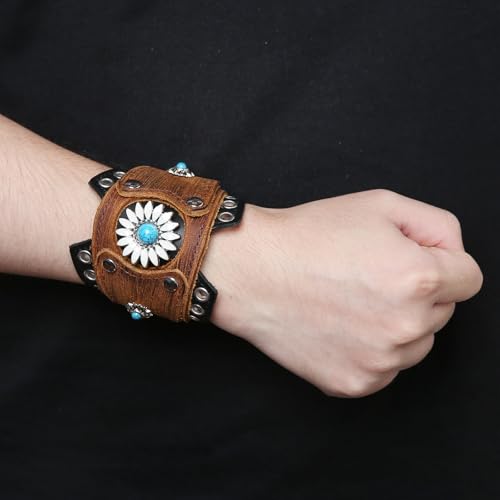HZMAN Leather Bracelets Retro Men's Leather Cuff Bracelet Adjustable Wide Wristband Bracelet Jewelry Gift - color: Brown - Sunflower