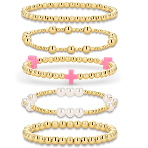 Gold Beaded Pearl Cross Bracelets Stackable Christian Stretch Jewelry Set - color: Hot Pink