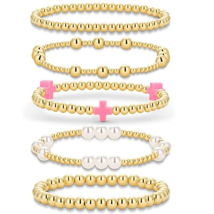 Gold Beaded Pearl Cross Bracelets Stackable Christian Stretch Jewelry Set - color: Hot Pink