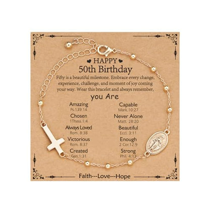Gnamy Happy 13th 15th 16th 21th 30th 40th 50th Birthday Bracelet Gifts for Women Girls, 14k Gold Plated Virgin Mary Cross Bracelet Catholic Religious Friendship Jewelry for Her - style: 50th Birthday