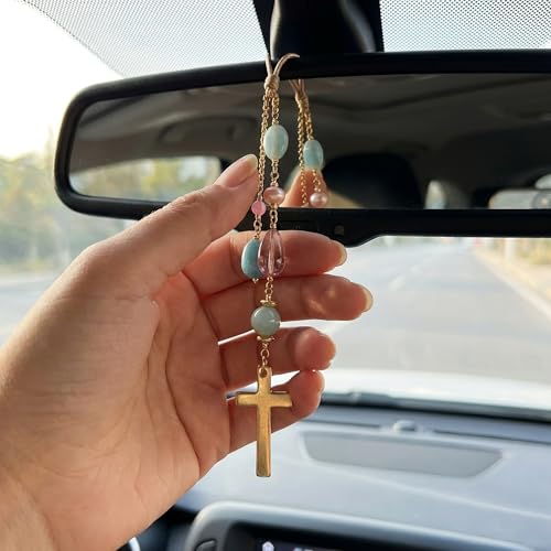 2 Pack Cross Rearview Mirror Hanging Charms, Pink Beads, Boho Car Decor