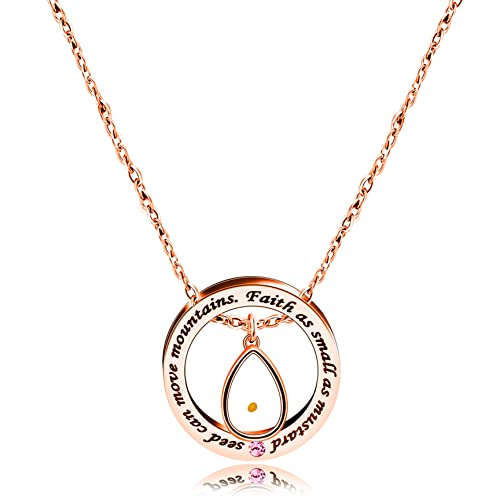Uloveido Christian Circle Round Ring Necklace Engraved Faith As Small As A Mustard Seed Can Move Mountains Y958 - style: Pink CZ-rose gold-Drop
