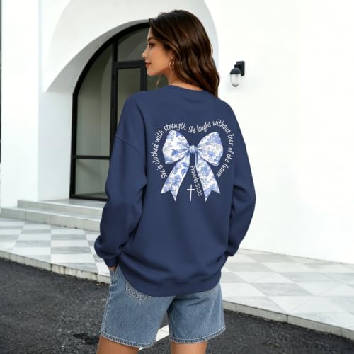 Bow Sweatshirt Christian Jesus Sweatshirts for Women Faith God Long Sleeve Shirts Bible Verse Graphic Pullover Gifts - color: Grayblue, size: XX-Large