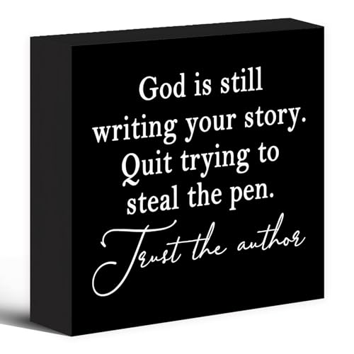 God Is Still Writing Your Story Black Wood Box Sign Desk Decor 5x5, Christian Scripture Bible Verse Prayer Room Orange Wooden Block Sign Decorations for Home Office Wall Tabletop Shelf Decor - color: Colour 01, size: 5 x 5 in