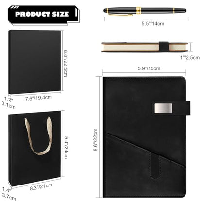 A5 Lined Leather Notebook and Pen Set with Gift Box, 240 Pages Refillable Journal with Pocket and Magnetic Buckle, Hardcover Daily Diary for Men and Women Business Travel Personal Writing- Black - color: Black