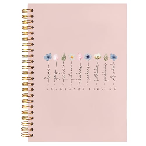 BearCake Fruit of the Spirit Boho Floral Christian Notebook Journal,Bible 5:22-23 Christian Gifts for Women,Bible Notebooks for Note Taking, Bible Journaling Notebook,Spiral Notebook 5.5x8.3 pink - color: white Bible pink flower