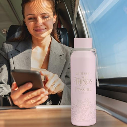 Christian Art Gifts Insulated Stainless Steel Water Bottle: All Things are Possible Bible Verse, Encouraging Gift for Women, Pink & Gold Floral Design, Leak-Proof Twist Cap, Carry Loop, 24 oz. - color: Pink Floral/All Things are Possible