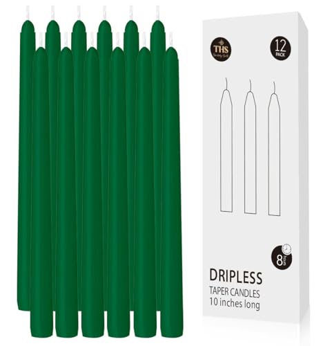 12-Pack Taper Candles (10-Inch) Dripless & Smokeless Long Burning (8 Hours) Unscented Hand Poured Wax Candlesticks for Weddings, Dinner Parties, & Home Decor (Green) - color: Green