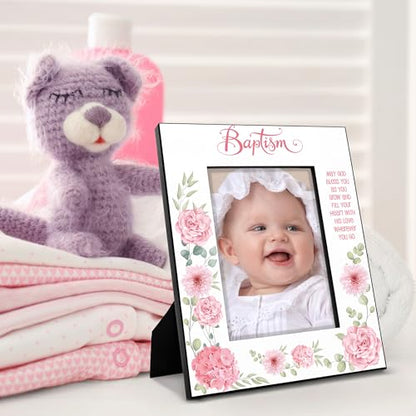 KATE POSH Baptism Picture Frame for Girl, Pink Flowers Decor, Christening, Religisous Gift, From Godparents, New Baby (5x7-Vertical) - size: 5x7-Vertical