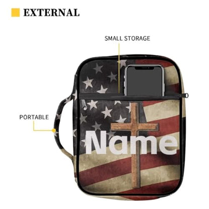 Coldinair Custom Name Bible Cover for Men Women,Cross American Flag Church Bible Protective Book Case with Pen Slot Handle & Zippered Pocket Travel Christian Bible Accessories,Add Your Name - color: Add Your Name,cross American Flag