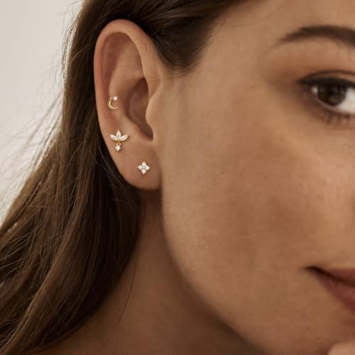 Flat Back Earrings - 14K Gold Plated Tiny CZ Butterfly Cross Moon Flat Back Stud Earrings Dainty Cartilage Earring Set Hypoallergenic Helix Earrings for Women Trendy Tragus Piercing Jewelry - color: Gold-Set3