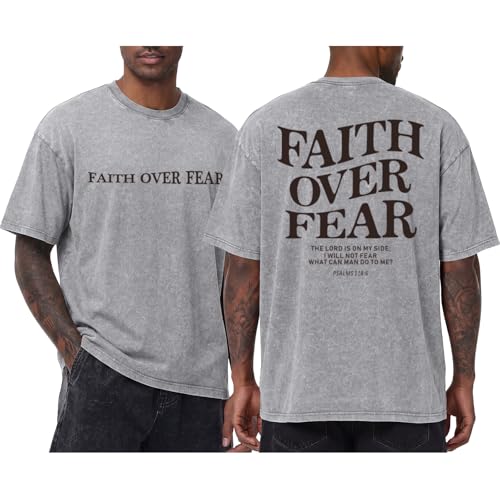 Tuislay Faith Over Fear Shirt Men Jesus Christian Shirts Oversized Graphic Tshirts God Religious Bible Verse T-Shirts Clothes - color: Light Gray, size: XX-Large