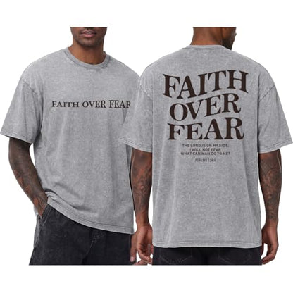Tuislay Faith Over Fear Shirt Men Jesus Christian Shirts Oversized Graphic Tshirts God Religious Bible Verse T-Shirts Clothes - color: Light Gray, size: XX-Large
