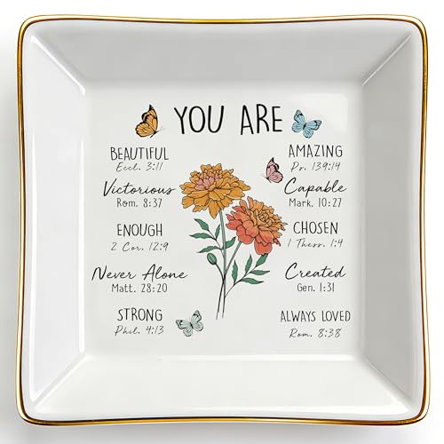 PUDDING CABIN Birthday Gifts for Women, Marigold Scripture Jewelry Dish, Christian Gifts - style: Marigold:Creativity, Passion, Warmth(October Birth Flower )