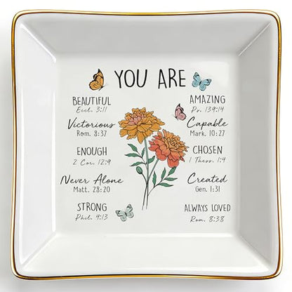 PUDDING CABIN Birthday Gifts for Women, Marigold Scripture Jewelry Dish, Christian Gifts - style: Marigold:Creativity, Passion, Warmth(October Birth Flower )