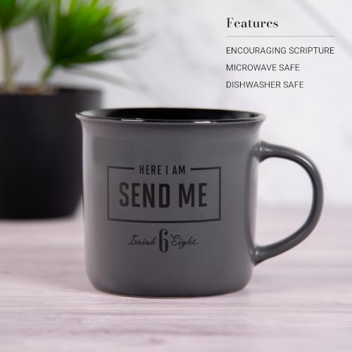 Christian Art Gifts Ceramic Coffee & Tea Scripture Mug for Men: Isaiah 6:8 Bible Verse, Matte Charcoal Gray & Black, 13 oz.
