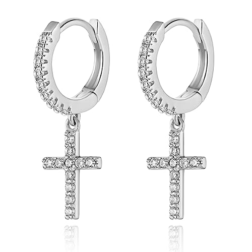 Cross Small Hoop Dangle Earrings 925 Sterling Silver CZ Diamonds Round Huggie Earrings For Men Women - style: cross silver