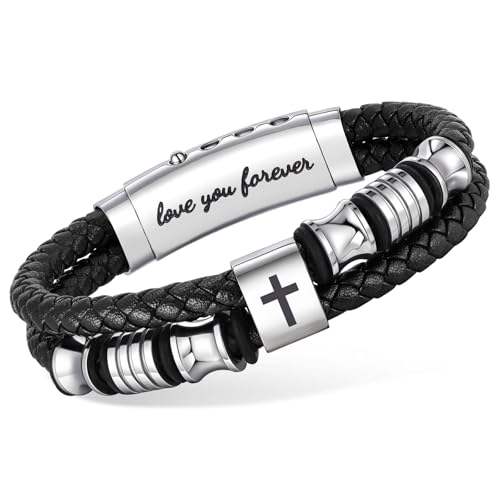 Men's Leather Cross Bracelet - Silver Double Row Braided Leather Cross Bracelet for Men with Inspirational Bible Verse Card, Faith Christian Religious Gift for Husband Son on Baptism Easter Birthday - color: Love you forever