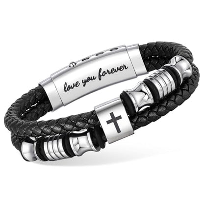 Men's Leather Cross Bracelet - Silver Double Row Braided Leather Cross Bracelet for Men with Inspirational Bible Verse Card, Faith Christian Religious Gift for Husband Son on Baptism Easter Birthday - color: Love you forever