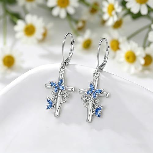 Butterfly Earrings for Women 925 Sterling Silver Birthstone Butterfly Cross Rose Dangle Earrings Elegant Butterfly's Jewelry Gift for Birthday Valentines Day Christmas - color: 9-September