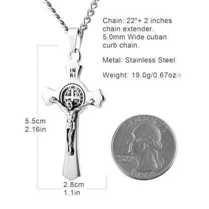 HZMAN Stainless Steel St. Benedict Crucifix Cross Necklace for Men - color: Standard Silver