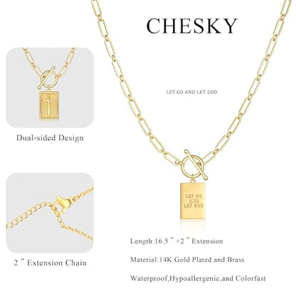 CHESKY Cross Necklace for Women Trendy, Dainty 14K Gold Plated Paperclip Charm Necklace for Womens Chunky Cross Pendant Necklace Gold Jewelry Religious Christian Gifts for Christians - color: LET GO AND LET GOD