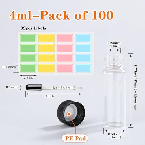 4ml Clear Glass Vials with Lids 100pcs Sample Bottle with Droppers & Lables - size: 4ml 100pcs