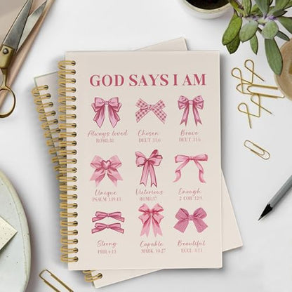 YLZlhb Coquette Pink Bow Christian Spiral Notebook Journal, Bible Verse Notebooks for Note Taking, Inspirational Christian Gifts for Women, God Says I Am Hardcover Spiral Journal 5.5x8.3 Inches - color: god says