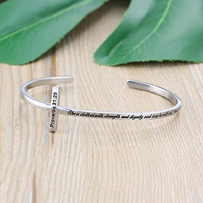 Memgift 𝐂𝐫𝐨𝐬𝐬 𝐁𝐫𝐚𝐜𝐞𝐥𝐞𝐭 Religious Cuff Bangle 𝐁𝐢𝐛𝐥𝐞 𝐕𝐞𝐫𝐬𝐞 Christian Gifts Jewelry for 𝐖𝐨𝐦𝐞𝐧 - style: 0.Silver cuff-She is clothed with strength... the future -Proverbs 31:25