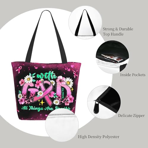 Bible Tote Bags for Women Christian Tote Bag Church Shoulder Bag Inspirational Bags With Zipper Christian Gift - color: With God All Things Are Possible 2