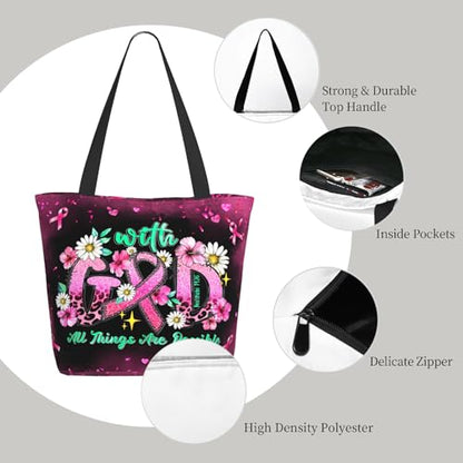 Bible Tote Bags for Women Christian Tote Bag Church Shoulder Bag Inspirational Bags With Zipper Christian Gift - color: With God All Things Are Possible 2